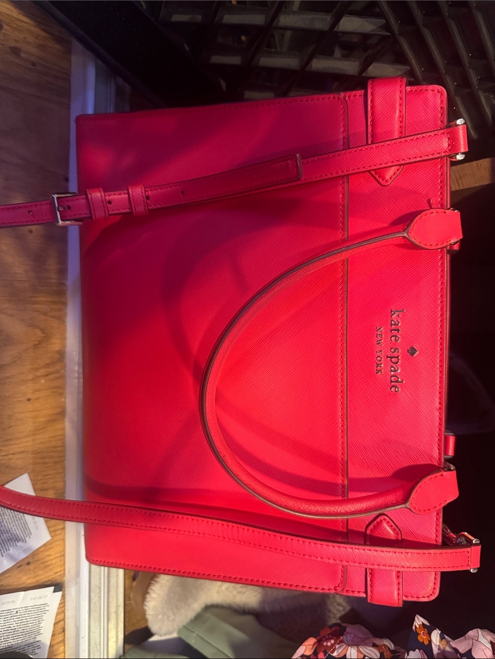 kate spade bright red structured tote with top handles